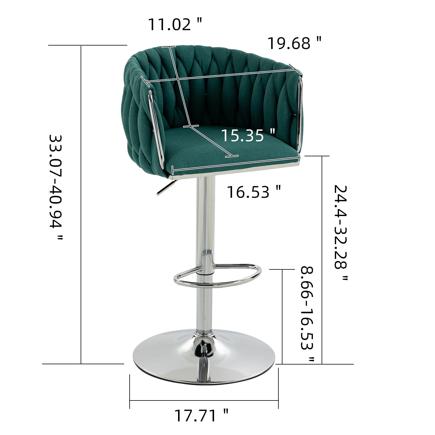 Swivel Bar Stool Set of 2, Adjustable Counter Height Chair with Woven Back and Footrest for Kitchen Cafe, Green