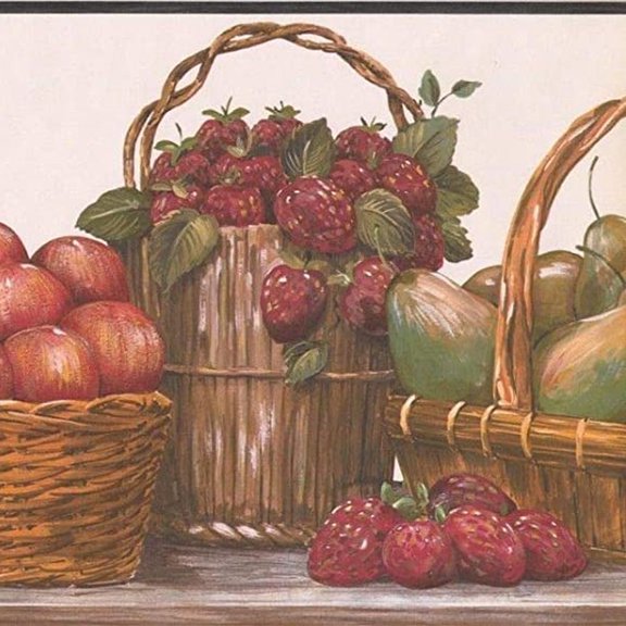 Concord Wallcoverings Classic Fruits Basket Wallpaper Border Featuring Apples Grapes Pears and Strawberries, Ideal for Kitchen Restaurant or Caf?, Red Green Blue, Size 9.25 Inches by 15 feet RC005161B