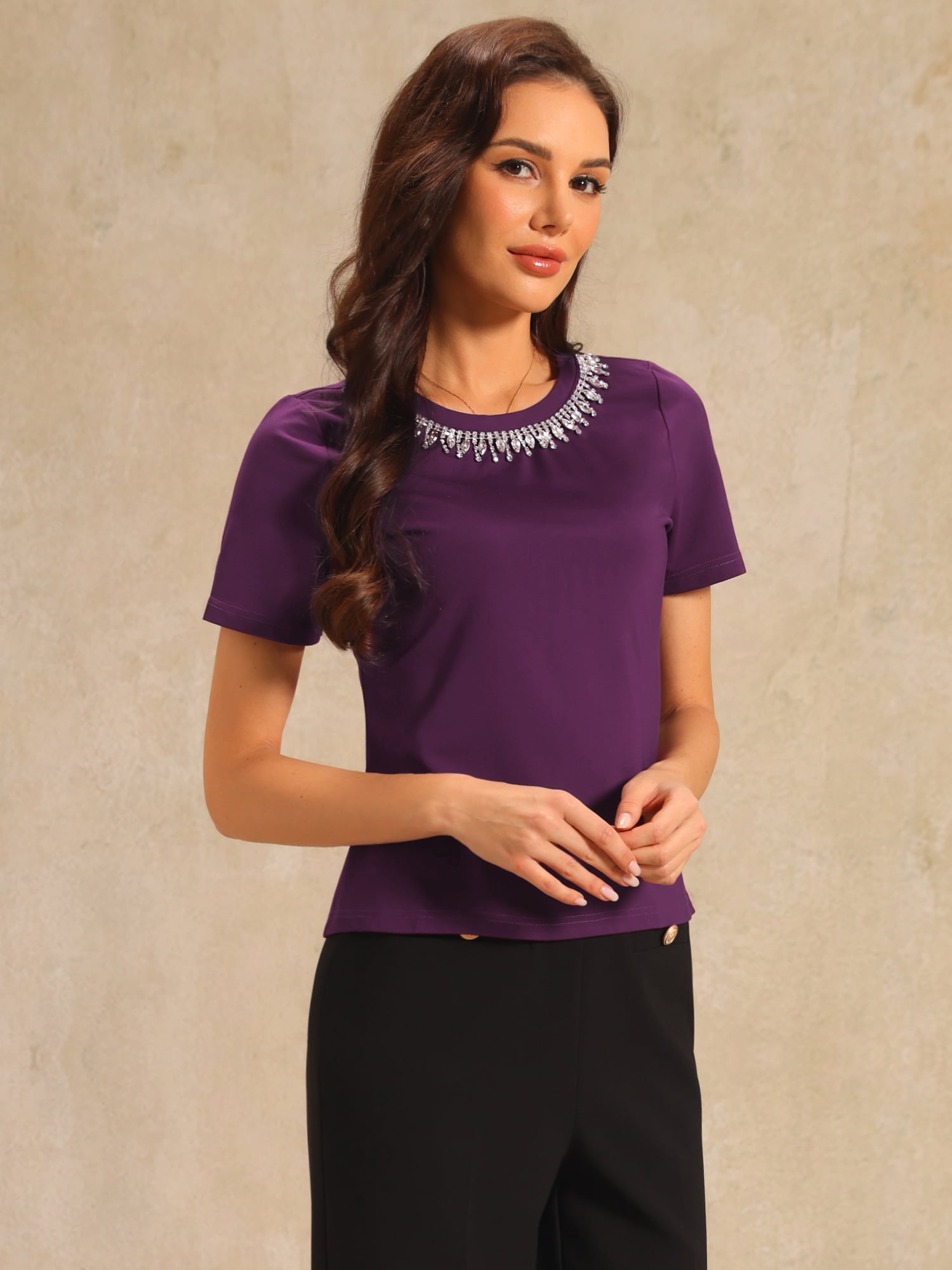 DARING DIVA Women's Elegant Women's Sparkly Blouse with Rhinestones S Purple