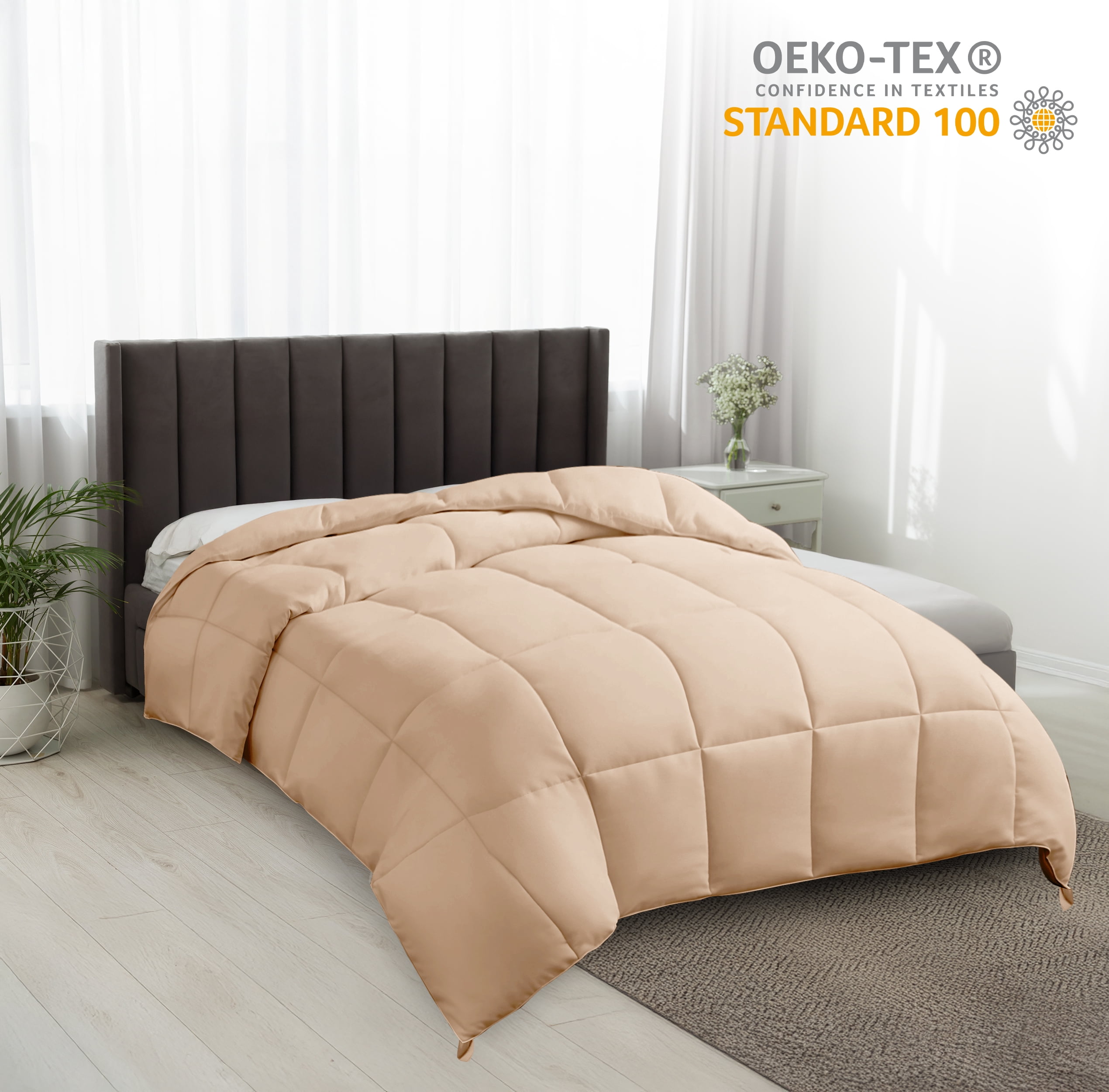 Lux Decor Collection Queen Comforter - Box Stitched Down Alternative Quilted Duvet Insert with Corner Tabs - Beige