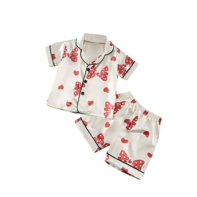 Ensembles de Tenues d'Été pour Enfants Vêtements, Ensembles pour Filles, Ensembles de Chemisiers à Col en V en Satin pour Enfants à Impression, Ensembles de Chemises, Shorts, Ensembles de Pyjamas, Manches Courtes avec Ensemble de Pyjama à Short