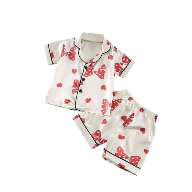 Odeerbi 2-6 Años Niños Niñas Pijama de Verano de Satén Con Solapa de Muesca Camisas de Manga Corta Pantalones Cortos Conjunto de Pijama de Seda Con Lazo Suave