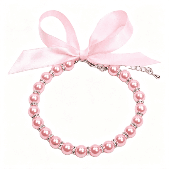 SUBAI Dog Cat Pearls Necklace Collar with Bling Accessories and Ribbon Bow Pet Puppy Jewelry for Female Dogs Cats Small Medium,Adorable Cat Collars(Xl,Pink)