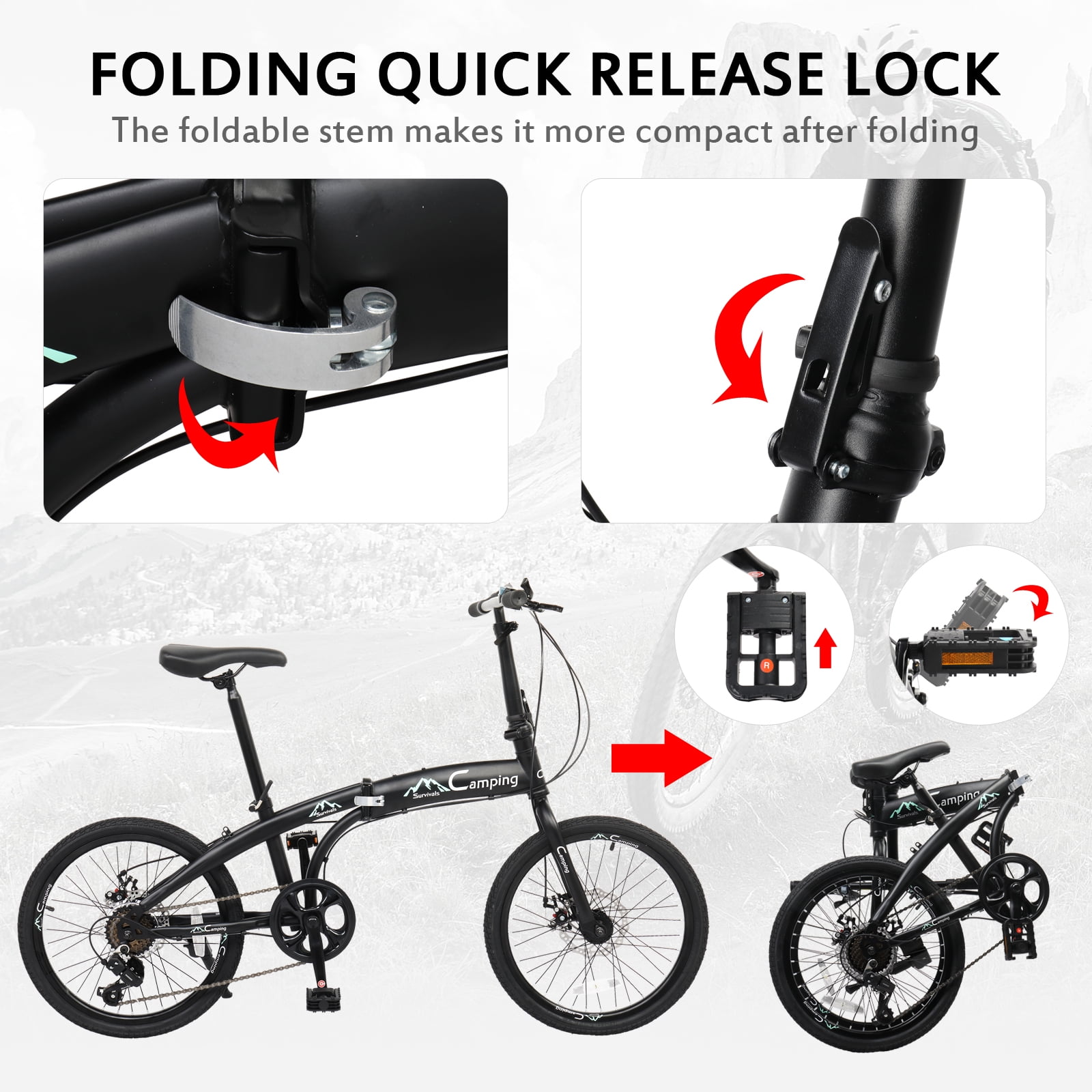 Campingsurvivals 20in 7-Speed Shimano Gears Bicycle, Lightweight Folding Bike, for Adult, Black