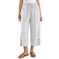 thumbnail image 2 of Oiangi Women's Wide Leg Capri Pants Elastic Waist Drawstring Ruched Capris Casual Button Pockets Crop Trousers for Vacation Travel White L, 2 of 8
