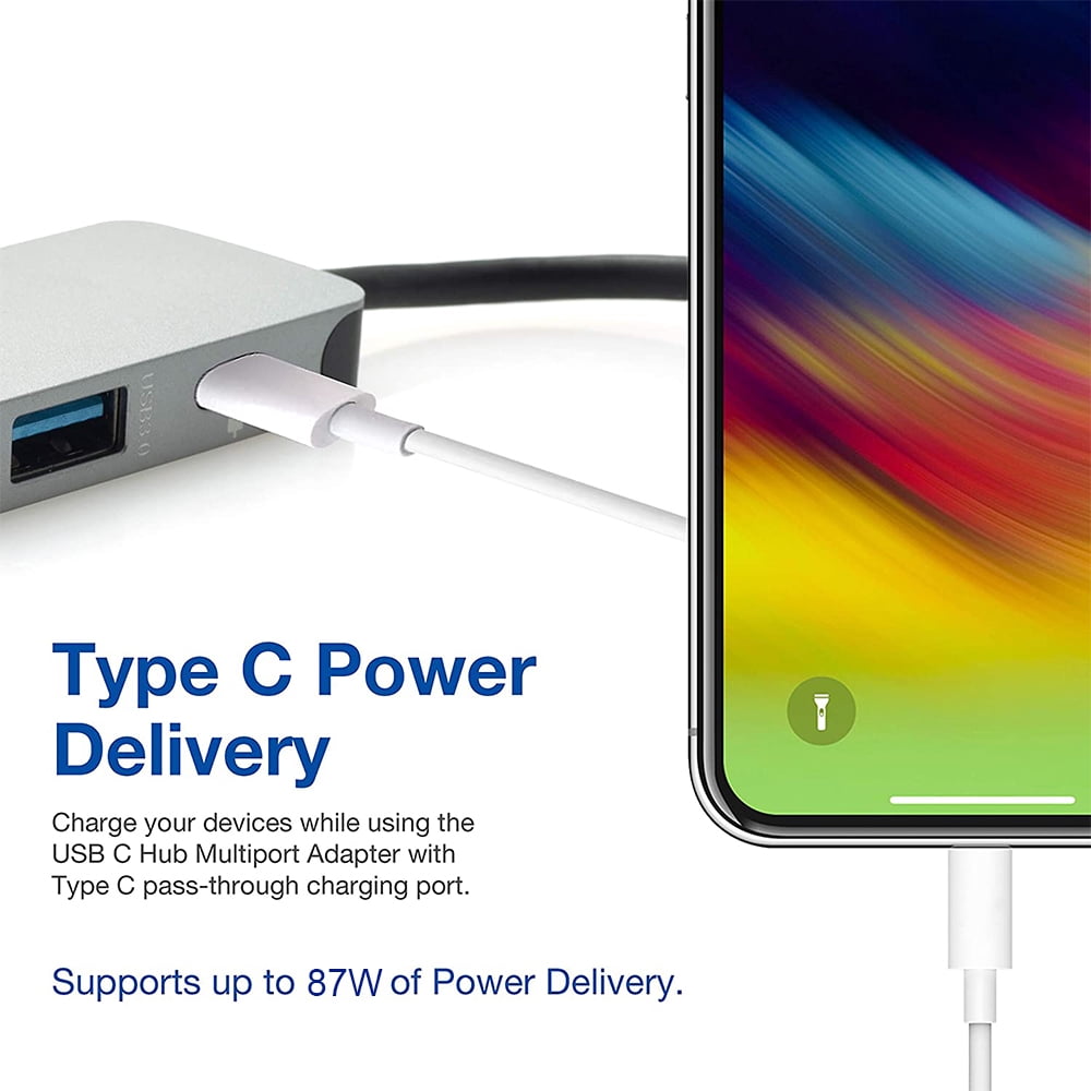 USB C hub, 4K USB C to HDMI, 2 USB C to USB 3.0 and FlashDrive, Type C Hub USB-C power adapter, suitable for Mac Book Pro, Chromebook, Deal XPS and Samsung Galaxy S8/S8+/S9/S9+/Note 8 (4 silver ports)