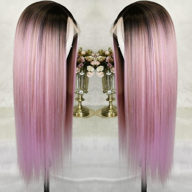 Peluca larga Cimitiki rosa pastel recta arcoíris con degradado rosado y morado mixto, 13x4, encaje frontal, reflejos, cabello sintético rosa rosa, 22 pulgadas, para mujeres y niñas.