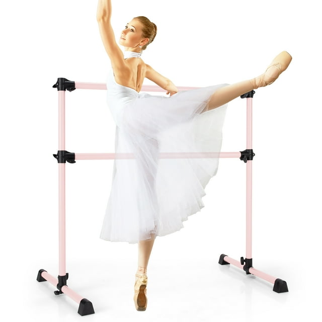 Gymax Barre de Ballet Portable Double Autoportante 4 Pieds Extensible Rose