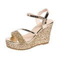 thumbnail image 5 of Rokment Women's Sparkly Metallic Sequin Platform Wedge Dressy Sandals Bridal Delicate Elegant Bling Ankle Strap Chunky Dress High Heels Summer Shoes for Wedding Banquet Gold Size 6, 5 of 7