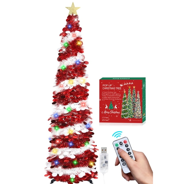 Oropel desplegable HMASYO para árbol de Navidad, de 6 pies, con luces y control remoto