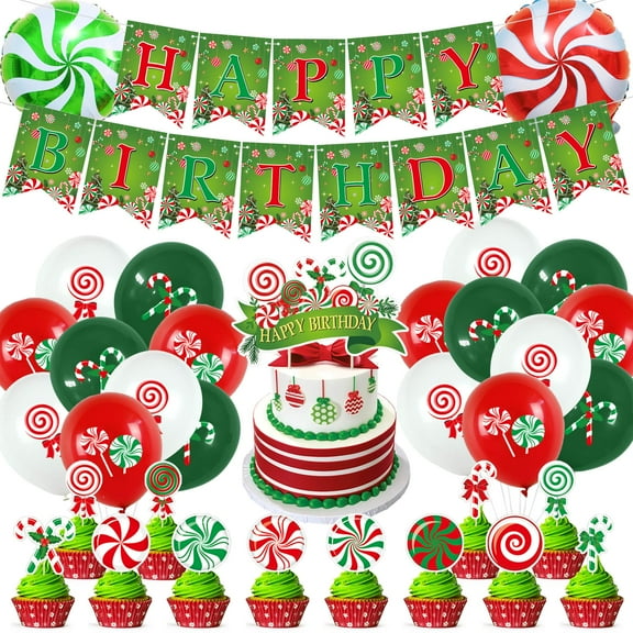 Christmas & Birthday Party Decorations - KKS1 Candy Theme Banner, Cupcake Toppers & Balloons for Baby Showers