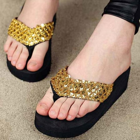 

Fjofpr Women Shoes Clearance Summer New Cool Slippers Large Herringbone Slippers Slope Heel Thick Sequin Slippers Sand Antiskid Clip On Slippers