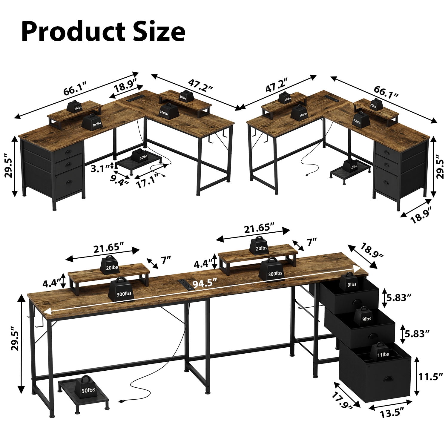 GIKPAL L Shaped Computer Desk  with Drawer, Reversible Gaming Desks Corner Desk with Storage Shelves & Monitor Stand, Home Office Desk Workstation, Brown