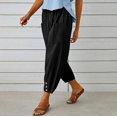 thumbnail image 4 of Women High Waist Linen Capri Pants Drawstring Elastic Waist Loose Cropped Trousers Side Pockets Button Cuff Casual Joggers, 4 of 5