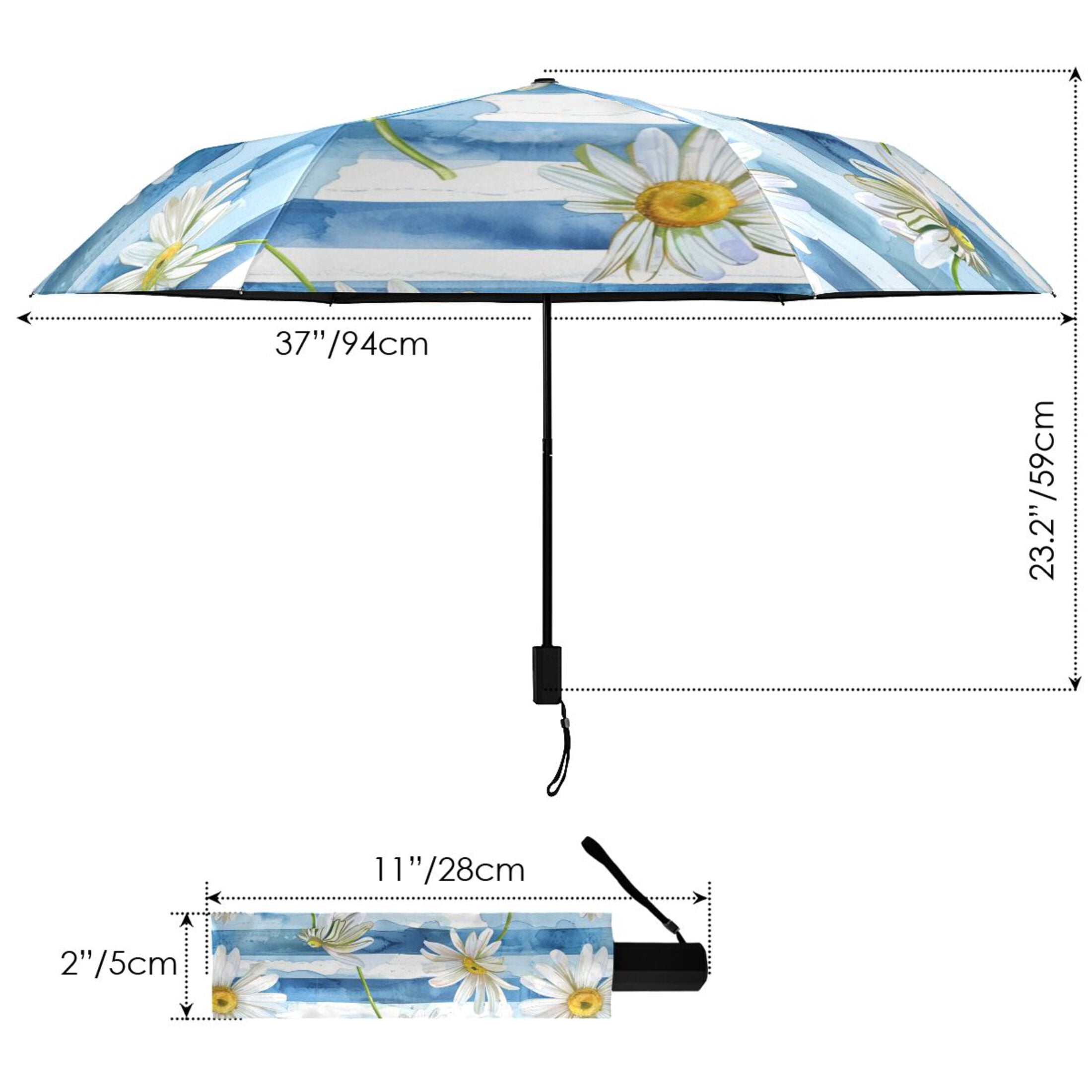 Daisy Flower on Blue White Stripes Compact Sun Umbrella Windproof Travel Umbrellas for Rain Strong Portable UV Protection