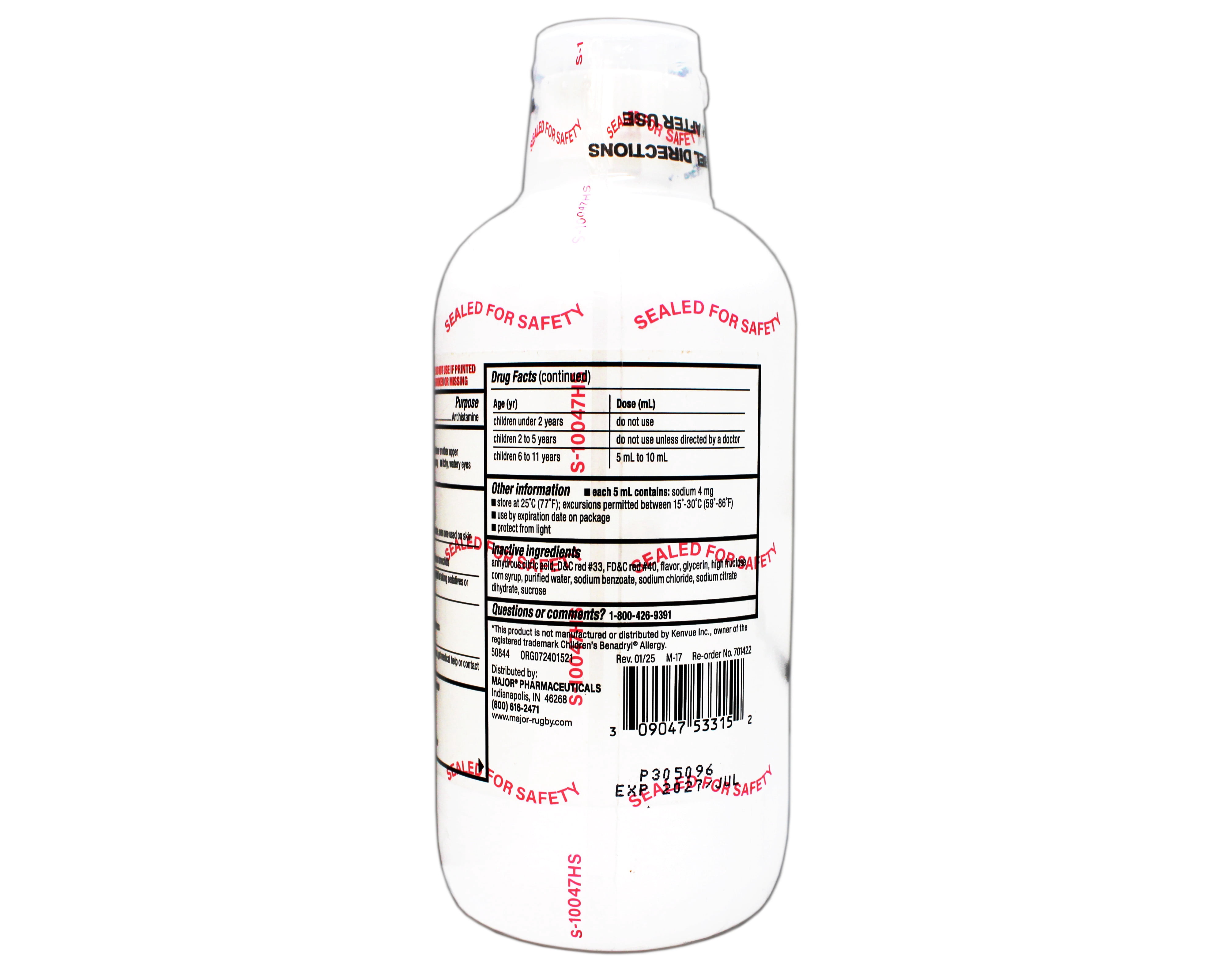 Major Children's Allergy Relief Diphenhydramine HCI 12.5mg/5 mL Oral Solution, Cherry Flavored, 16 FL OZ - 6 Pack