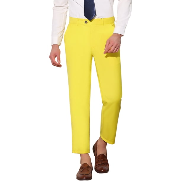 INSPIRE CHIC Pantalones de vestir recortados de oficina para hombres, ajustados y de frente plano, 32 Amarillo