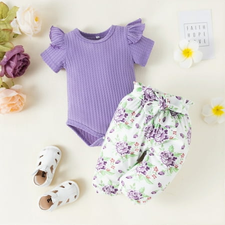 

Hunpta Toddler Kids Girls Outfit Soild Short Sleeves Romper Floral Prints Pants 2pcs Set Outfits