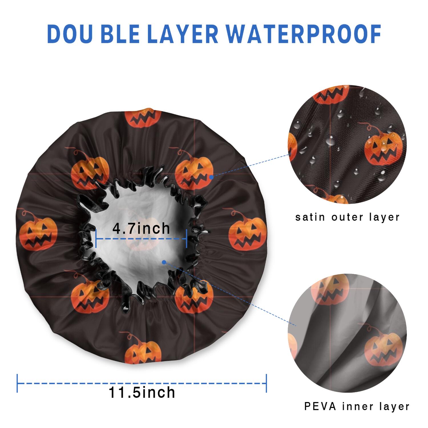 Shower Caps,Black Halloween Pumpkins Waterproof Shower Cap for Women 4 Pieces,Double Reusable Hair Cover for Shower PEVA Elastic Stretch Hem