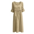 thumbnail image 6 of Ayolanni Short Sleeve Dresses for Women 2026 Solid Crew Neck A-Line Maxi Dress Cotton Linen Beach Flowy Casual Long Dress with Ruffle Sleeve Yellow L, 6 of 6