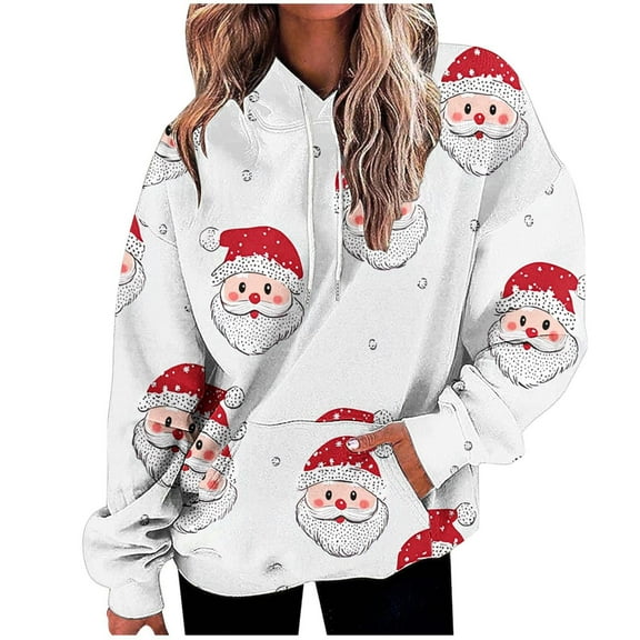 Lorytime Christian Hoodies for Women Christmas Santa Claus Print Sweatshirt Long Sleeve Pullover Drop Shoulder Loose Tops