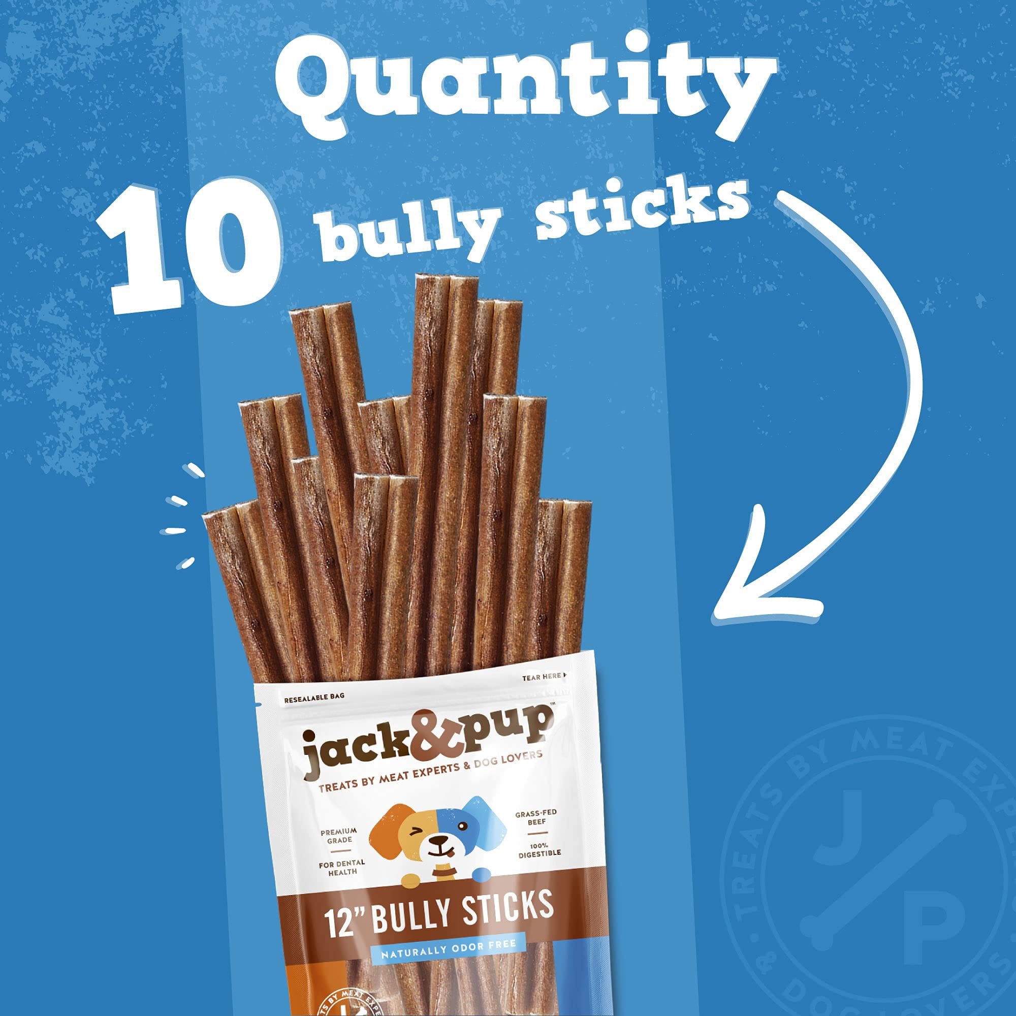 Jack&Pup 12" Thick Bully Sticks for Large Dogs, Single Ingredient Dog Chews, 10 pack