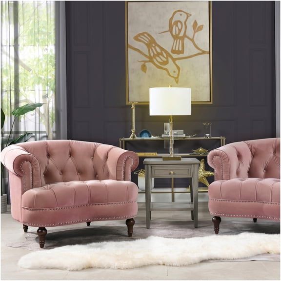 Victorian Tufted Accent Chair in Pink Velvet with Nailhead Trim for Living Room