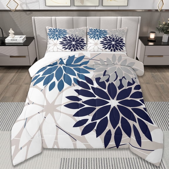 Manfei Minimalist Dahlia Comforter Sets Queen Size,Flower Leaves Comforters & Duvets,White Gray Blue Bedding Queen Comforter Set,Lightweight Room Decorative,3-Piece