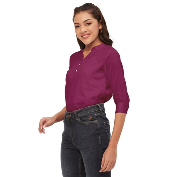 Moomaya Solid Color Tops, 3/4Th Roll-Up Sleeve V-Neck Formal Summer Shirt Tops