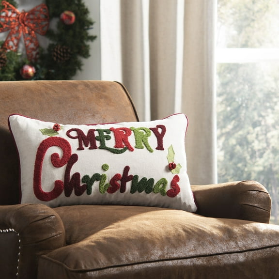 SAFAVIEH Jingles Merry Christmas 12" x 20" Holiday Pillow, Green/Red/Beige