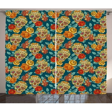 Ambesonne Sugar Skull Curtains 2 Panel Set, Diamond Eyes Roses, 108" x 90", Multicolor