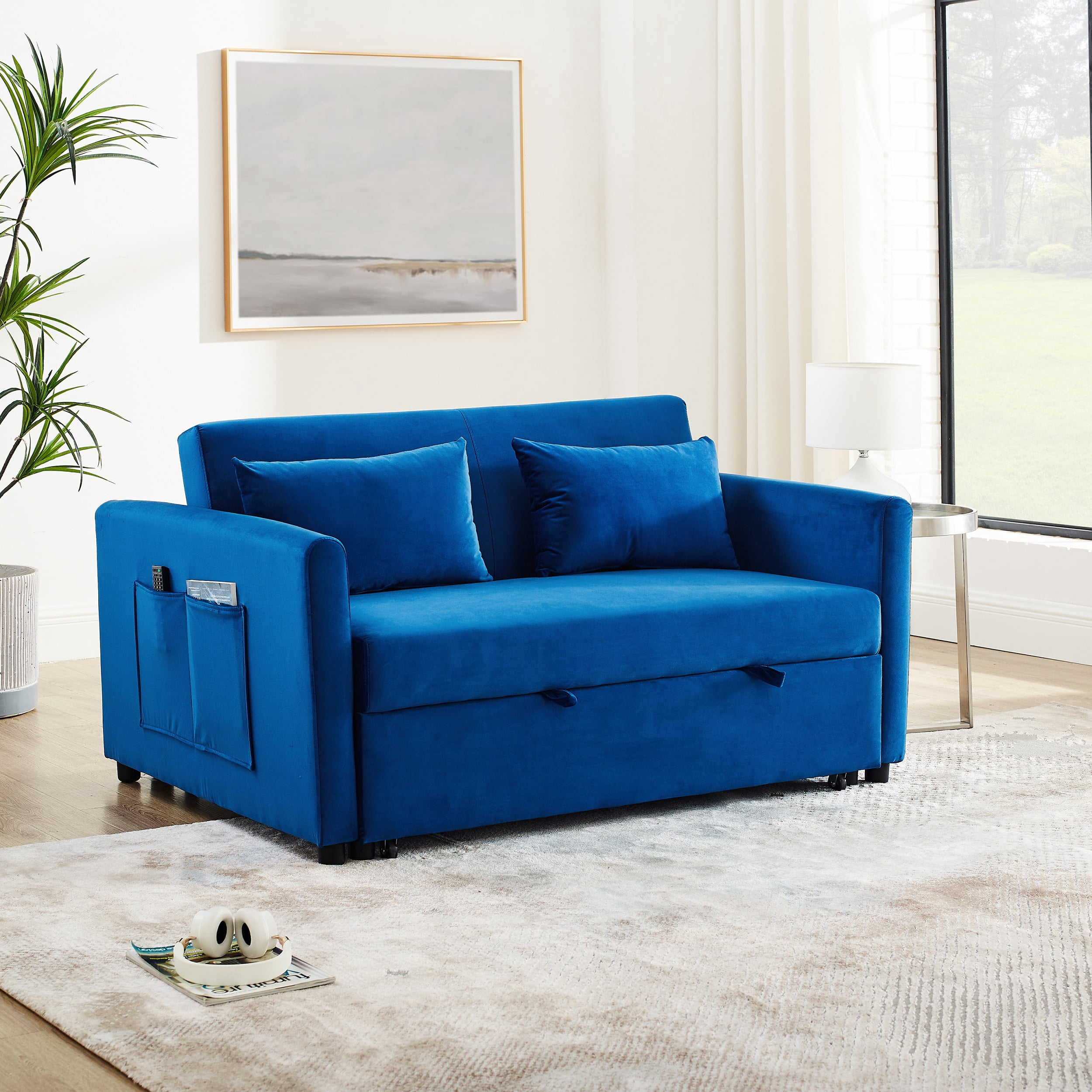 Momspeace&nbsp;Pull Out Sofa Bed Sleeper Sofa Couch Sofa Bed with Adjustable Backrest Velvet Loveseat For Living Room - Blue