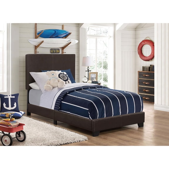 Upholstered Brown Twin Panel Bed with Faux Leather and Stitching Details, Modern Low-Profile Frame for Small Bedroom Spaces