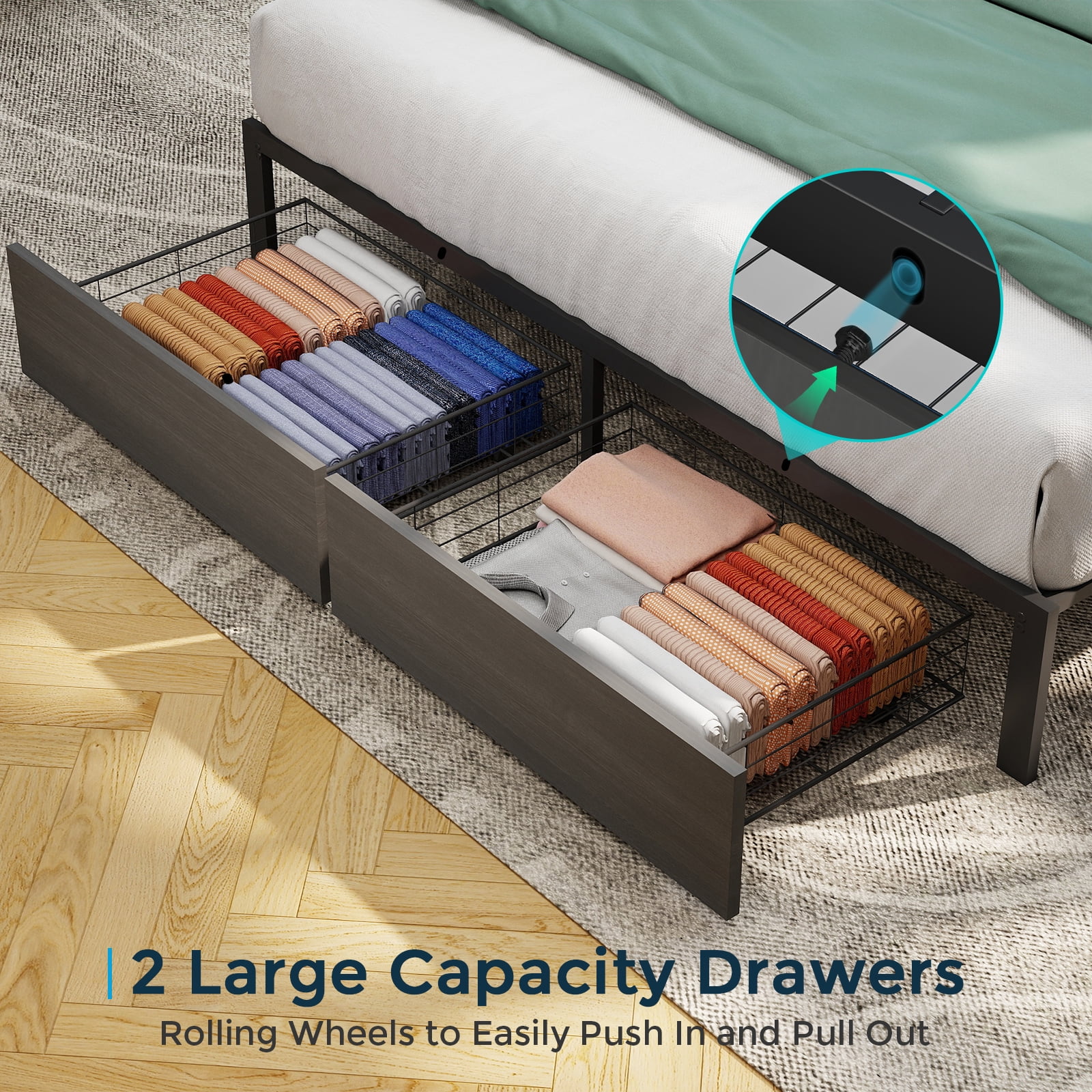 DRNANLIT Queen Bed Frame with 2-Tier Storage Headboard, Metal Bed Frame with 2 Drawers & Built-in Charging Station & LED, Noise-Free, No Box Spring Needed, Easy Assembly,Black Grey