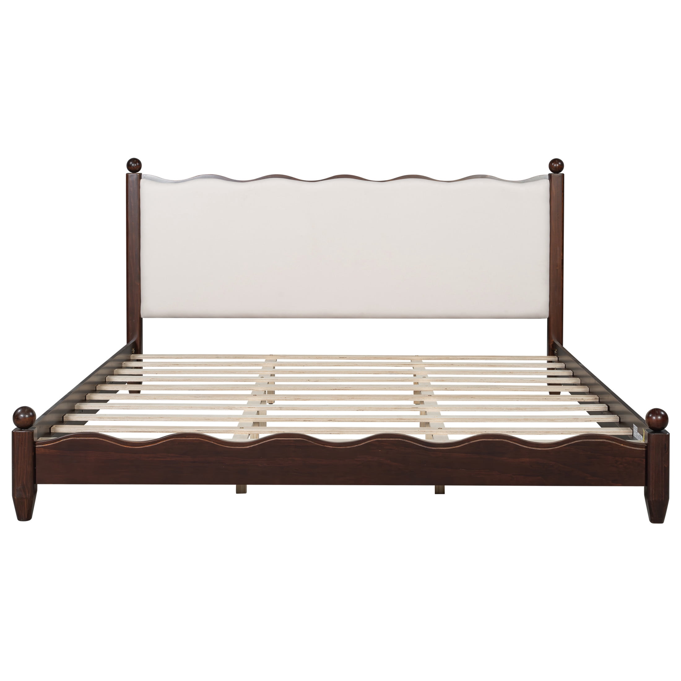 Noble House Lorven King Size Platform Bed with Scalloped Upholstered Headboard, Pine Wood Frame, Beige & Espesso