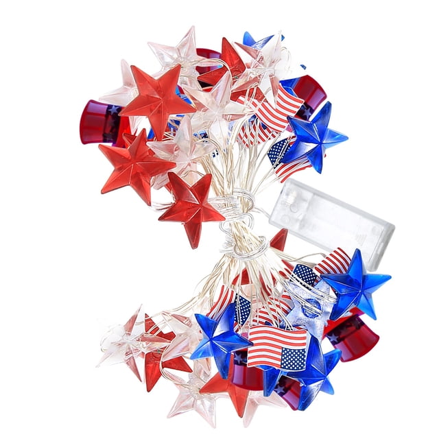 Cqxid USA Star With USA Flag String Lights July 4th Independence Day Decorative LED String Lights Battery Operated LED String Lights With Remote For July 4th Decor Stripes
