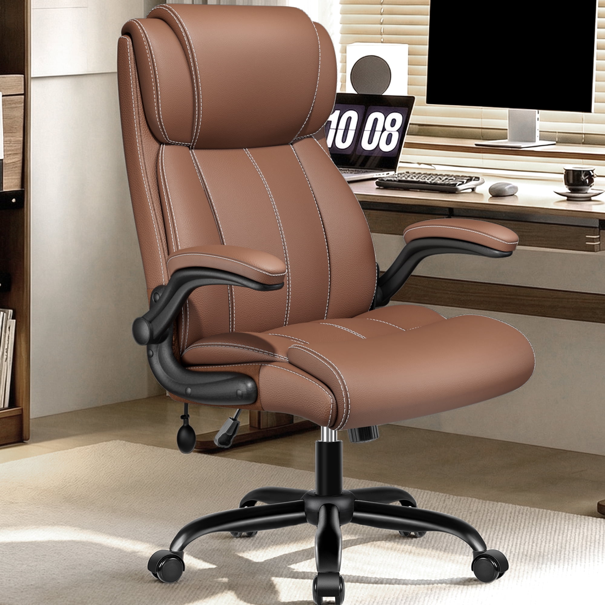 COOLHUT Big and Tall Office Chair 350LBS, Comfy Heavy Duty Executive Desk Chair with Adjustable Lumbar Support, Higth Back Computer Home Office Chair with Padded Flip -up Arms, Brown
