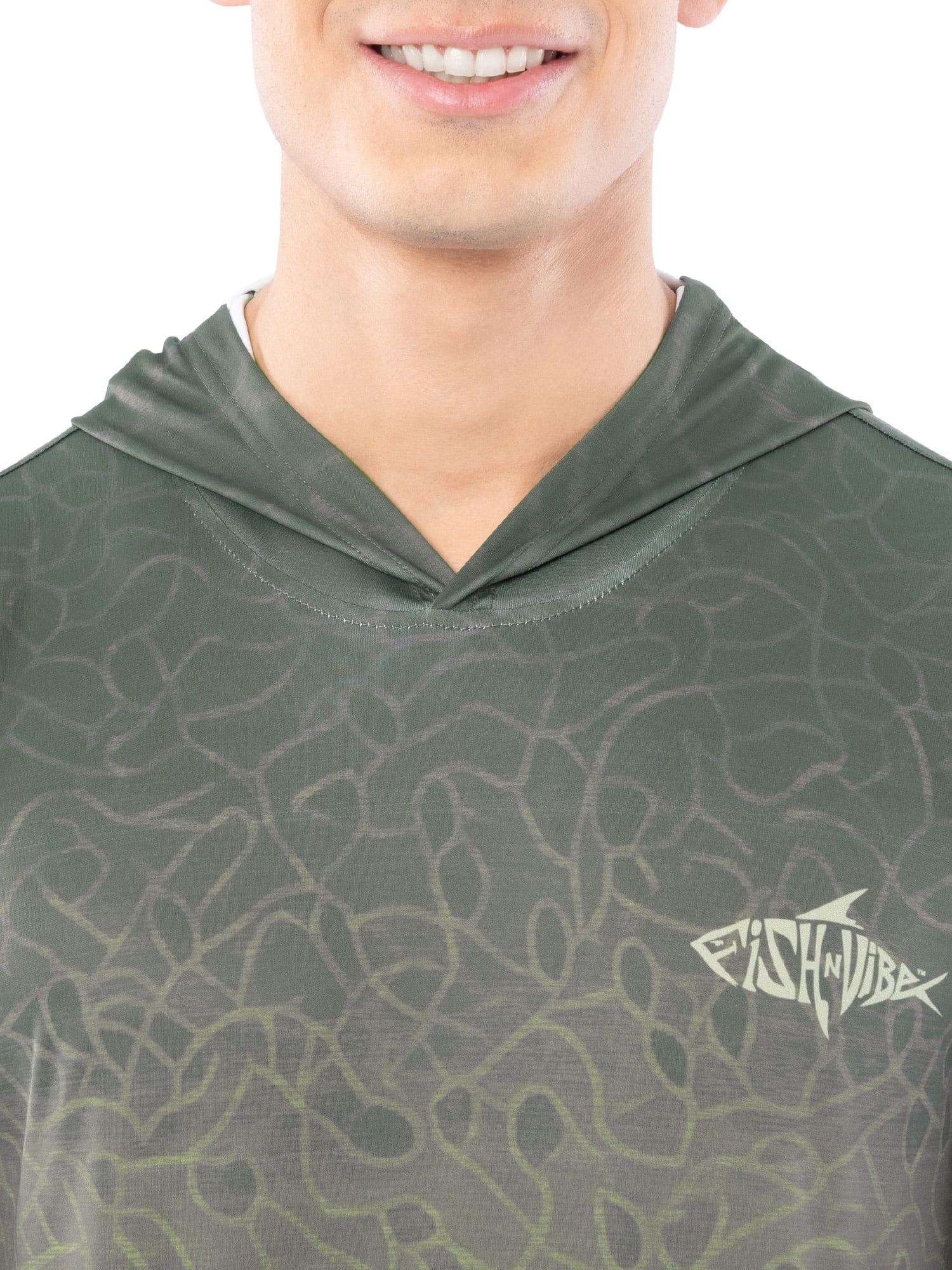 Fish N Vibe Men's Long Sleeve Performance UPF 30 Fishing Graphic Hoodie, Hooked Bass Speckled-Gray, M