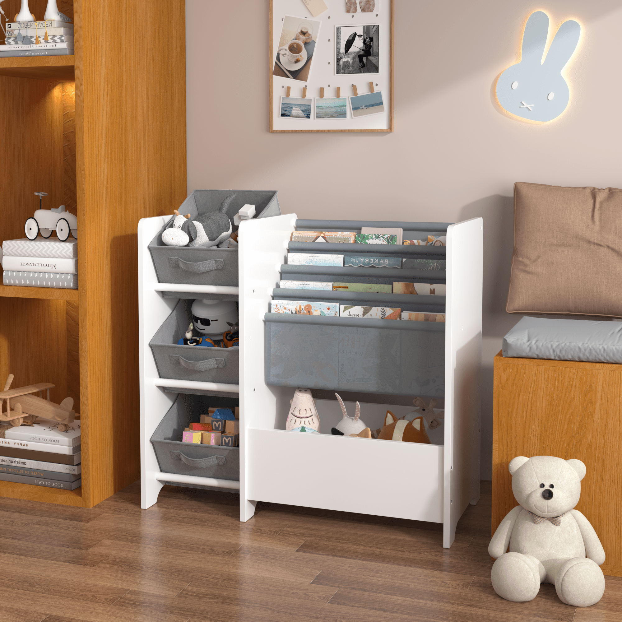 Kids Bookshelf and Toy Storage Organizer, Wooden Bookcase with 3 Drawers and 4 Tier Kids Book Shelf, Book Display Shelf for Toddlers Kids Room Furniture, in Playroom Nursery Bedroom, Gray