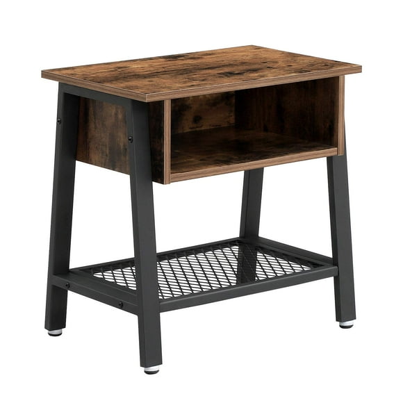 VASAGLE Table de Chevet Industrielle, Table d'Appoint à 2 Niveaux avec Étagère de Rangement, Meuble d'Accent Aspect Bois avec Cadre en Métal, Assemblage Facile