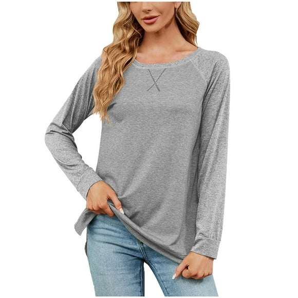 Yuyuzo Women's Fall Long Sleeve Side Split Loose Blouses Casual Crewneck Pullover Tunic Tops Comfy T Shirts Trendy Clothes Gray