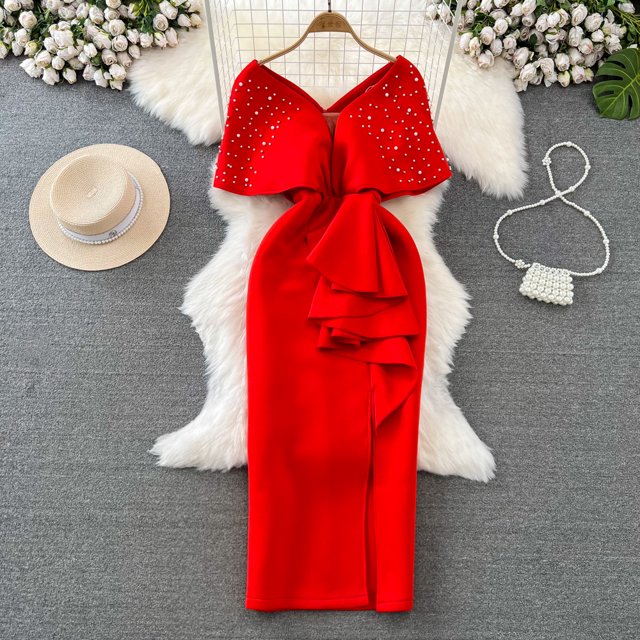 Vestido Formal elegante de lujo para mujer, vestidos de oficina para banquetes sociales, cuentas, cuello en V, vestidos envolventes en la cadera