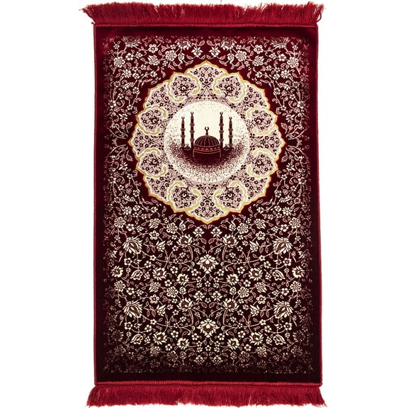 Modefa Turkish Prayer Rug | Plush Velvet Janamaz Sajadah | Standard Adult Size | Floral Mosque Red