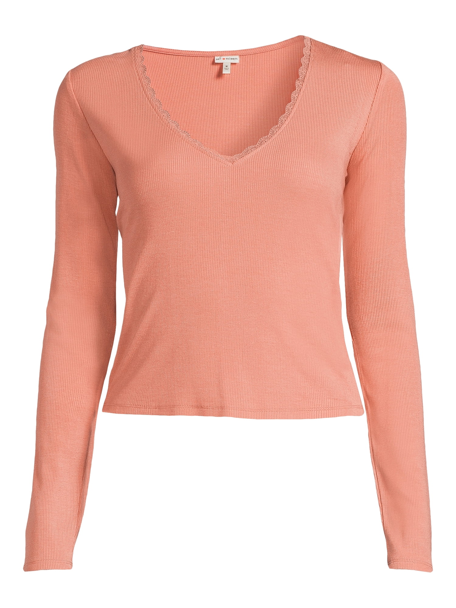 Self Esteem Juniors Lace Trim V-Neck Tee with Long Sleeves