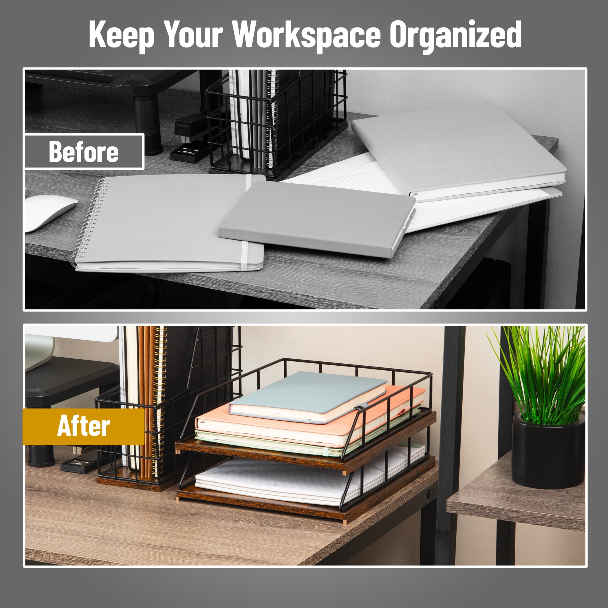 Mind Reader 2-Tier Rustic Letter Tray Organizer with Metal Frame, Wood Base for Desk or Office, Stackable, Metal and Wood, Black