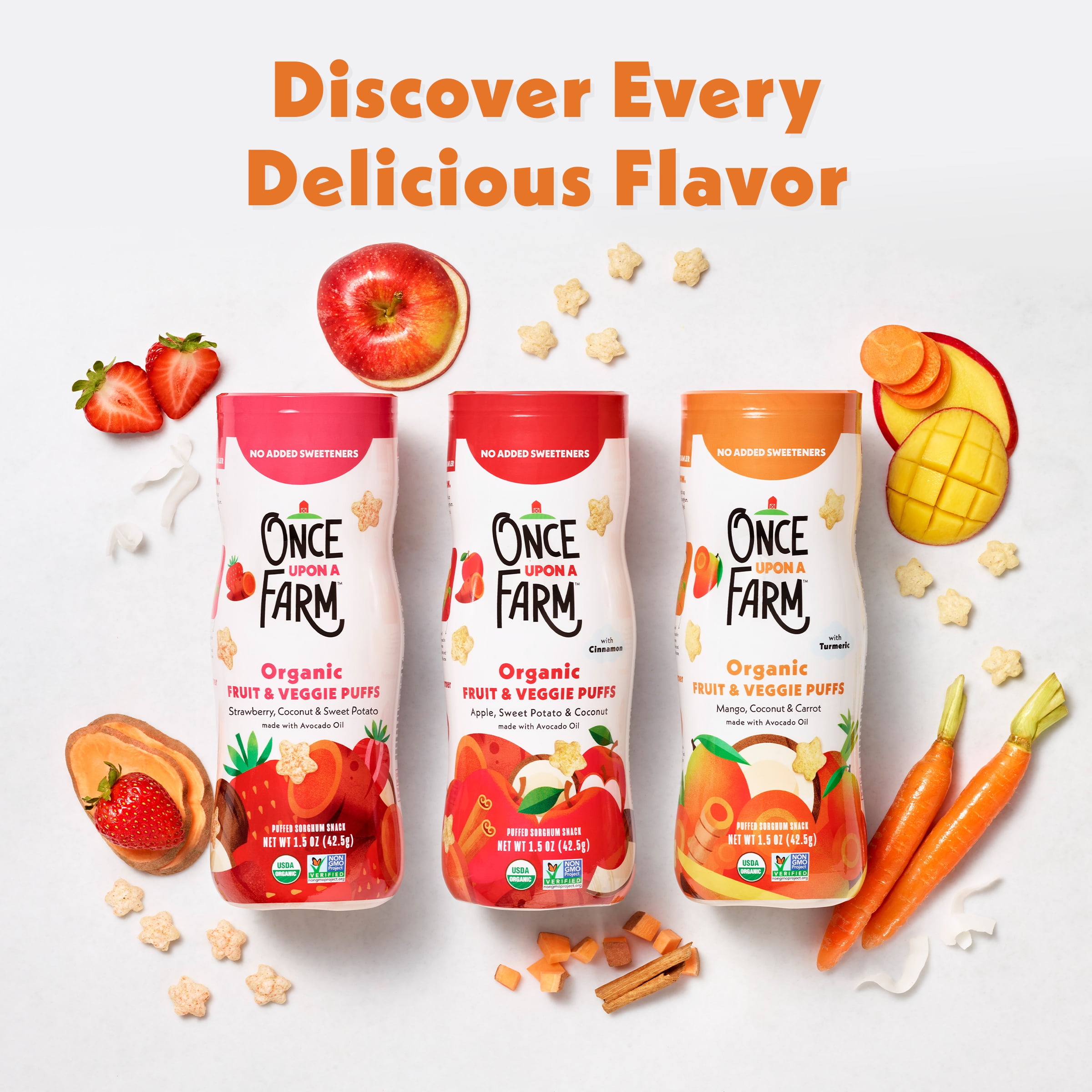 (6 pack) Once Upon a Farm Organic Baby Puffs, Mango, Carrot & Coconut, 1.5oz Canister