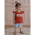 thumbnail image 6 of BemeyourBBs Toddler Baby Girls Summer Clothes Kids Baby Girl Back to School Pre Kindergarten Outfits Apple Embroidered Flying Sleeve T Shirt Tops Ruffled Striped Shorts Set, 6 of 9