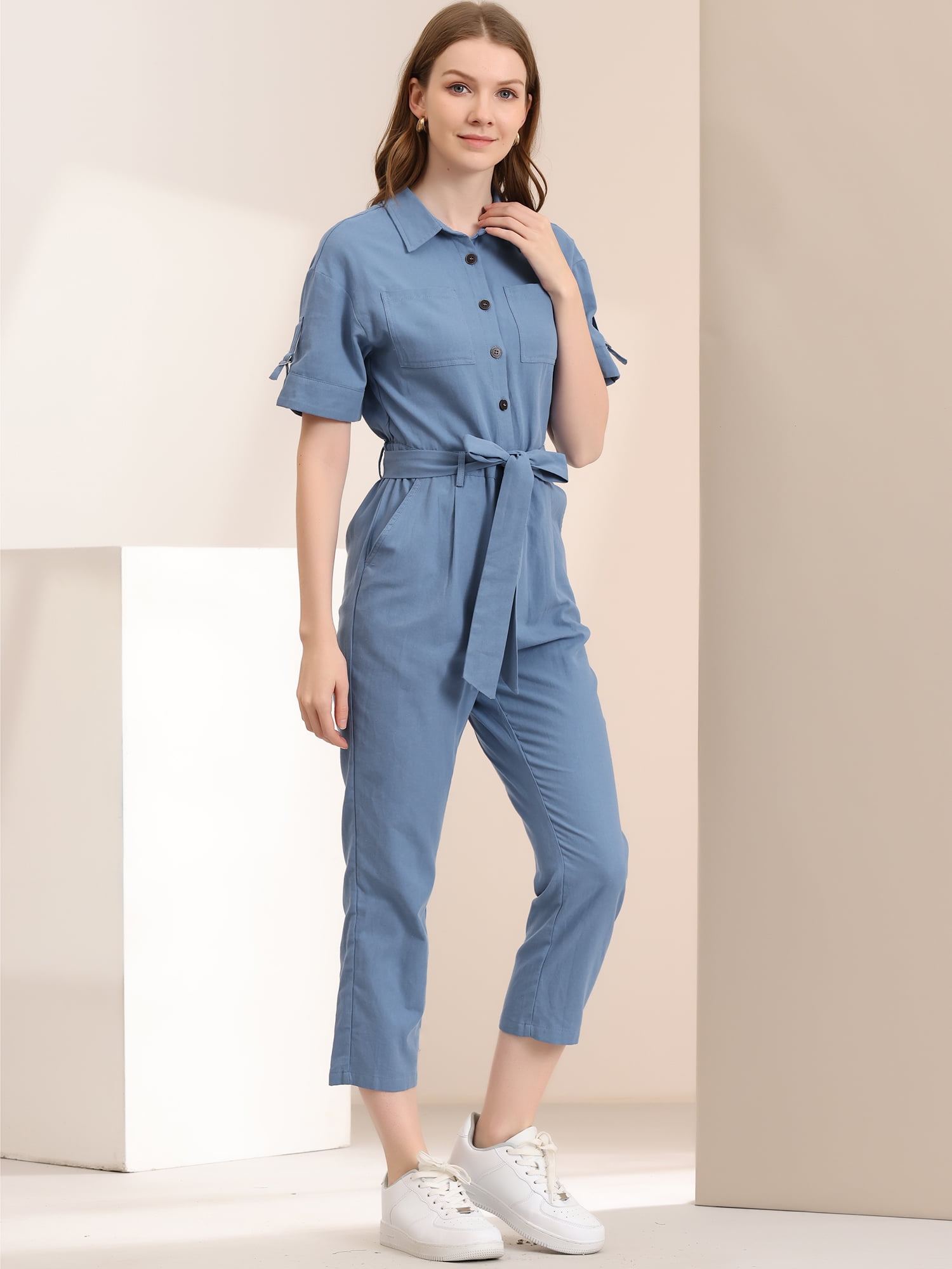 DARING DIVA Women's Button Up Tie Waist Jumpsuit with Pockets XL Blue