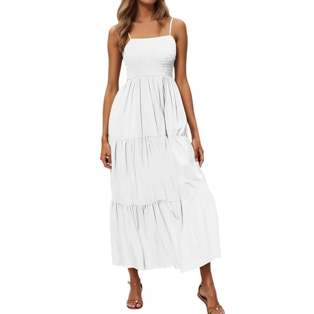 Icvfdpl Robe Florale pour Femmes, Boho Maxi Sans Manches à Bretelles Spaghetti, Fluide, pour Invité de Mariage, avec Ourlet à Volants, Élégante, Été, TG