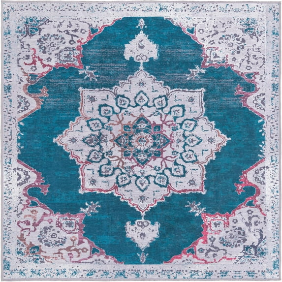 Rugs.com Francesca Collection Washable Rug – 7 Ft Square Teal Green Flatweave Rug Perfect For Living Rooms, Kitchens, Entryways